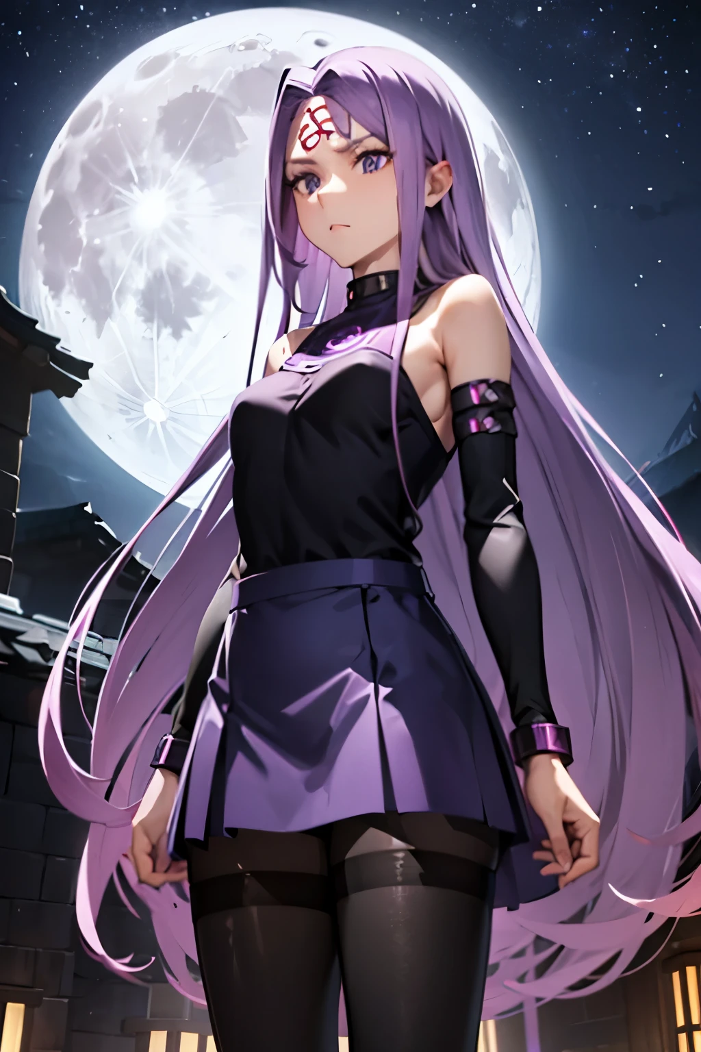 Medusa、fate、Purple Hair、Long Hair、((pantyhose))、Photo from below、Medium chest、full moon、mini skirt、Denim skirt、Sleeveless knitwear