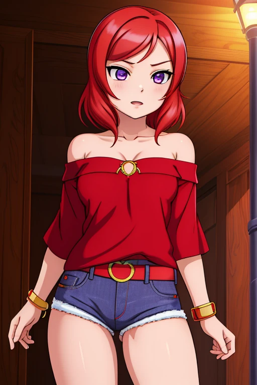 masterpiece, best quality, (1girl:1.000), (bracelet:1.000), (nishikino maki), (red hair:0.987), (purple eyes:0.976),(solo:0.953), off shoulder tupe top, jeans short shorts, standing