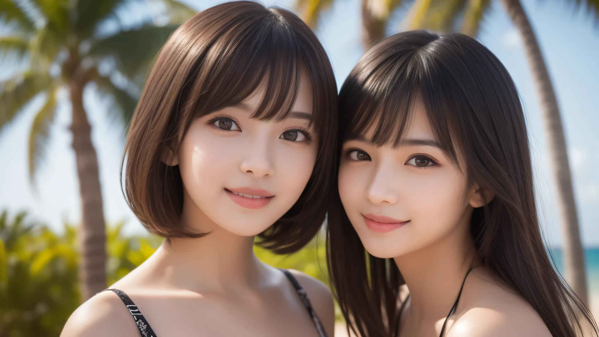 (2ung girl), (medium length bob, air bangs), beautiful girl, enchanting smile, (extremely detailed beautiful face), (highly detailed eyes, highly detailed face), (bikini), Fresh, very clean appearance, (best Quality:1.4), (hyper-realistic, hight resolution), Professional Photography, beach, palm trees, standing