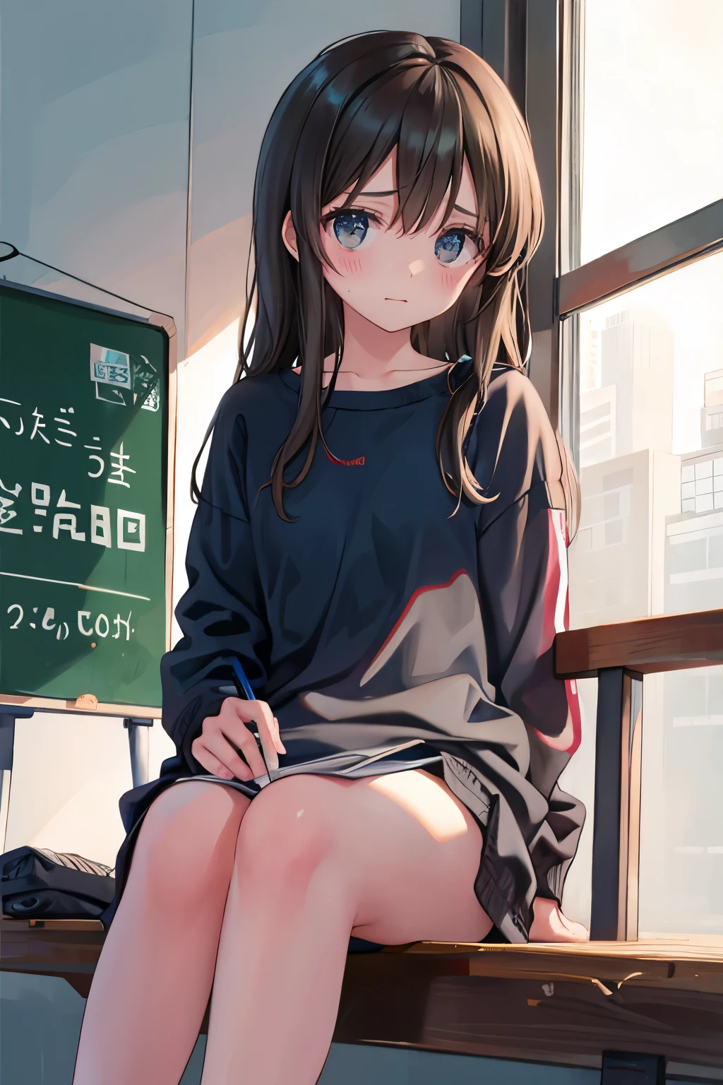 Anime girl sitting on a bench in front of a chalk board - SeaArt AI