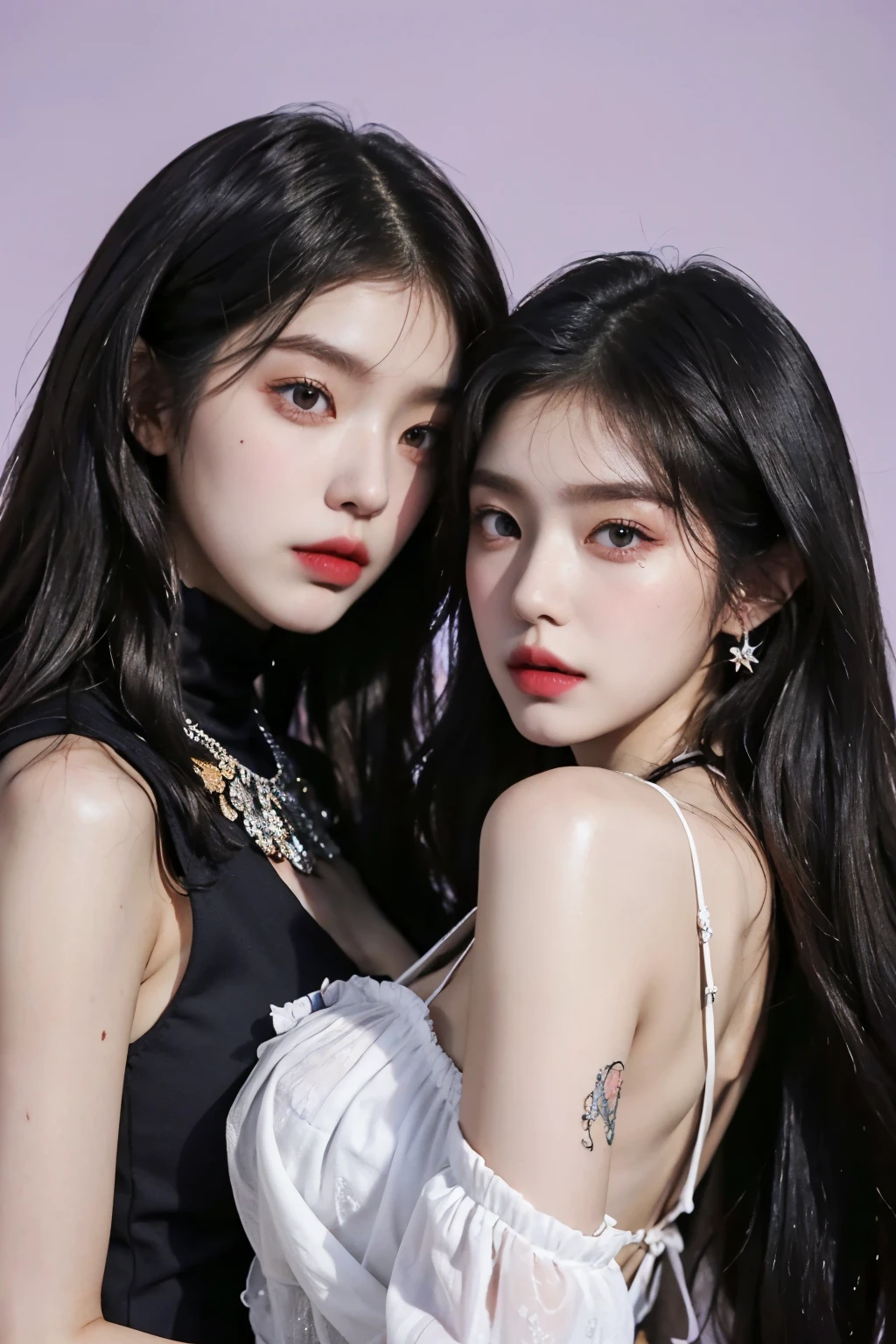Two araped women with long black hair dressed in multi-colored fashionable clothes, twins, Popular fashion in Korea, Cerveza Soft Devil Queen Madison, Violet Myers, No makeup, wavy hair, Madison Beer, without makeup, Profile picture, Use Instagram Filters, Subtle soft and dim light, perfect face, julia sardinian, perfect hands,