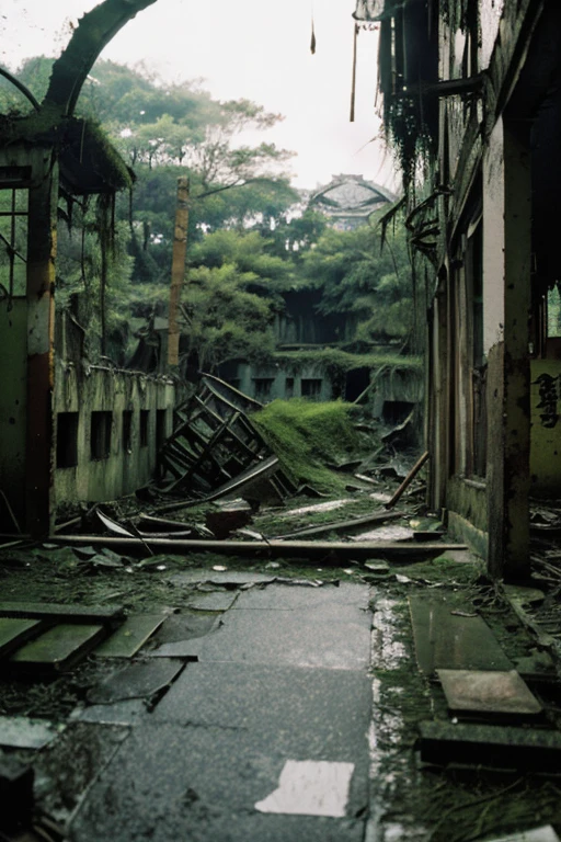 amusement park,moss,Collapse,Devastation,Inside the ruins is narrow,Showa,Glasses,Women,adventure,Black and White,