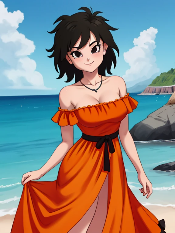 Gine as a flamenco dancer, masterpiece, best quality, ultra detailed, 8k, 4k, half body, cowboy shot, Gine, 1 girl, solo, smile, looking at viewer, full body, black hair, short hair, holding her skirt, bare shoulder, bare arms, medium breast, necklace, seductive, strapless, a flamenco dress, orange ruffle off the shoulder attire, orange off the shoulder top, black maxi skirt, beach, ocean, sunny day.