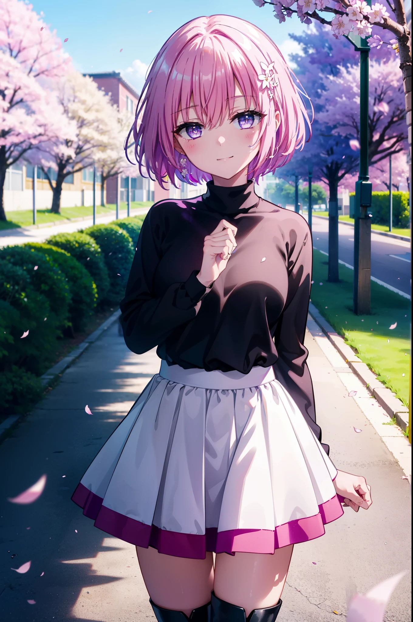 Momodebilke, Deviluke Type, demon tail, Hair Flowers, hair ornaments, (Purple eyes:1.1), Pink Hair, short hair, tail, happy smile, smile, Open your mouth,smile,blush,
break demon tail, Turtleneck sweater,Long skirt,short boots,Cherry blossoms are blooming,Cherry blossoms are scattered,Cherry blossom tree-lined path,walking,
break outdoors, School School building,
break looking at viewer, (Cowboy Shot:1.5),
break (masterpiece:1.2), highest quality, High resolution, unity 8k wallpaper, (figure:0.8), (beautiful detailed eyes:1.6), extremely detailed face, Perfect lighting, extremely detailed CG, (Perfect hands, Perfect Anatomy),