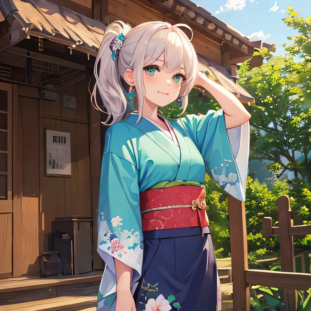 ultra-detailed, (highest quality, 8K, masterpiece, HDR, Ultra-detailed:1.2), porch of a Japanese house, [pink hair:silver hair:0.5], low ponytail, ahoge, Tied Hair, break, printed kimono, break, small breasts, arms behind head, Green Aqua Eyes, looking down, genial smile, break, Earrings, Cowboy Shot, alone