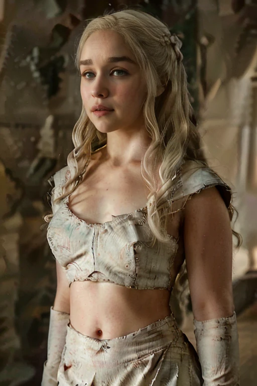 Masterpiece, best quality, detailed face, Daenerys Targaryen, sexy dress, midriff, in a room, looking at viewer, sexy smirk face