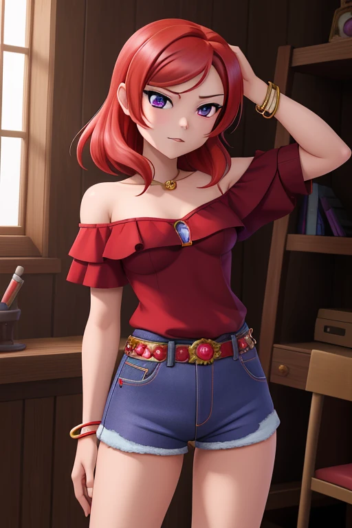 masterpiece, best quality, (1girl:1.000), (bracelet:1.000), (nishikino maki), (red hair:0.987), (purple eyes:0.976),(solo:0.953), off shoulder tupe top, jeans short shorts, standing