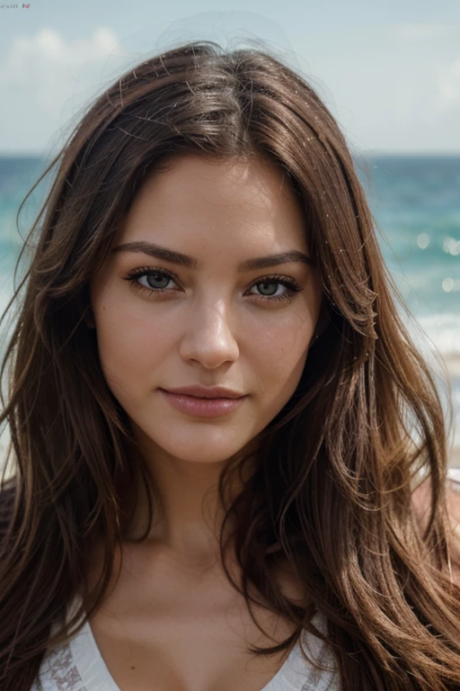 jolie brune, vue en plan large, yeux vert, de 26 ans, attractive face, long and messy hair, , High resolution, masterpiece, best quality, intricate details, mise au point nette, detailed and realistic skin, texture de peau, Detailed eyes, professionnelle, 4k, sourire, prise avec un Canon, objectif 85mm, faible profondeur de champ, couleur Kodak Vision, eyeshadow, extremely detailed, photo ultra, photorealistic, traitement d'image, Maximum details, roughness, realism, photographie, robe, soleil, plage