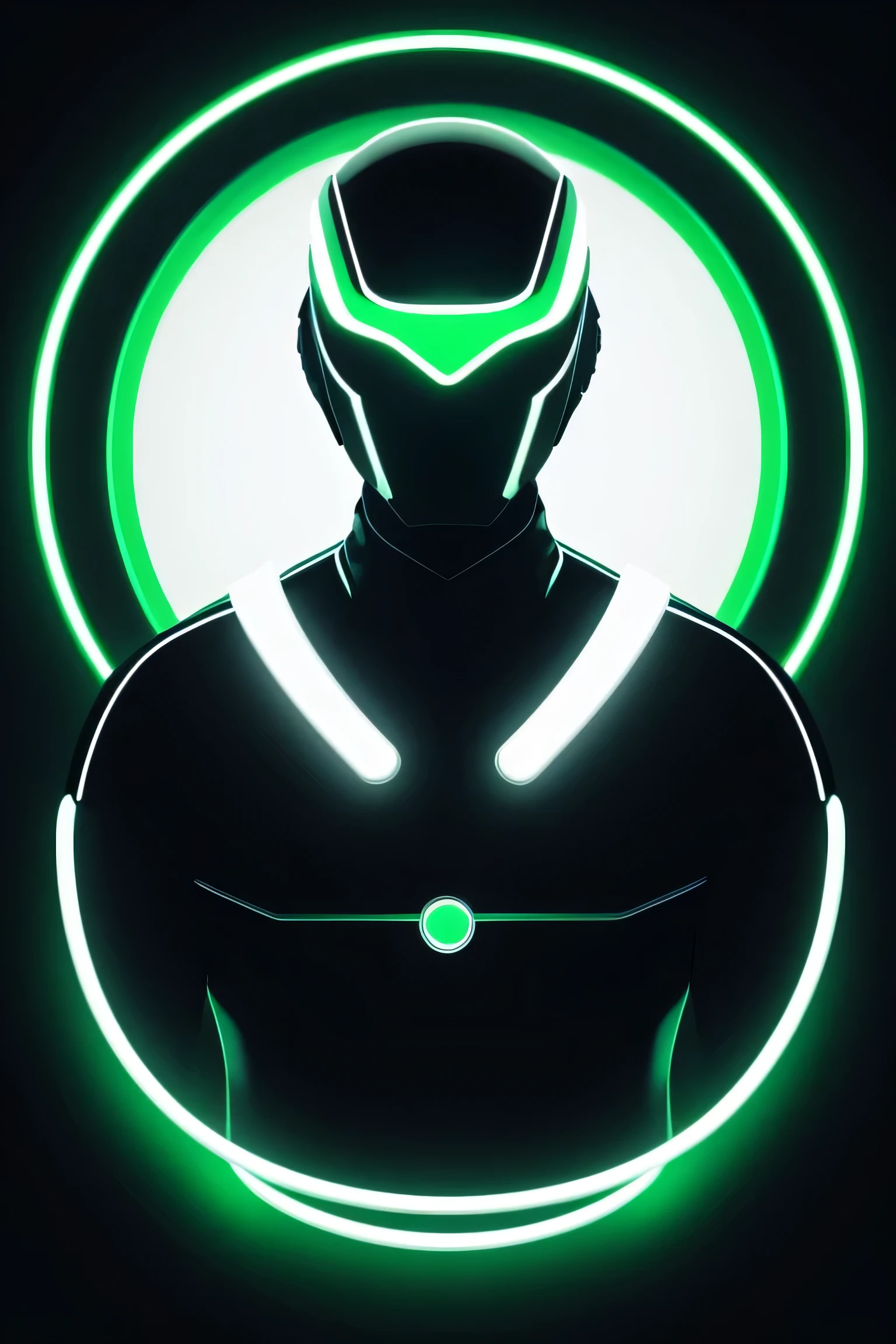 A white robotic-style Male asexual figure with a faceless person wearing white VR glasses is positioned to the left side of the image. The person is wearing a neon green perfect circle as an accessory. The background is pure black. The image is of high definition, with an 8K resolution, ensuring the best quality and sharpness. Additional details: The figure has sleek and clean lines, giving it a futuristic and modern appearance. The VR glasses are reflective and add a sense of technology. The neon green perfect circle stands out, symbolizing a technological interface or a futuristic element. The black background creates a minimalist and mysterious atmosphere, highlighting the figure and the circle. The absence of facial features adds an element of anonymity and intrigue to the person. The image has a robotic-style aesthetic, with a focus on modern technology and a clean, minimalist design. Art style: Robotic-style, futuristic, minimalist, Male asexual figure. Color palette: The dominant colors in the image are white, black, and neon green. The white color represents the futuristic and clean aesthetic of the figure, while the black background adds contrast and mystery. The neon green color of the perfect circle adds a pop of vibrant color and emphasizes the technological aspect. Lighting: The image has a soft, ambient lighting that illuminates the figure and the perfect circle without casting harsh shadows. The lighting enhances the futuristic and sleek appearance of the figure and highlights the neon green color.