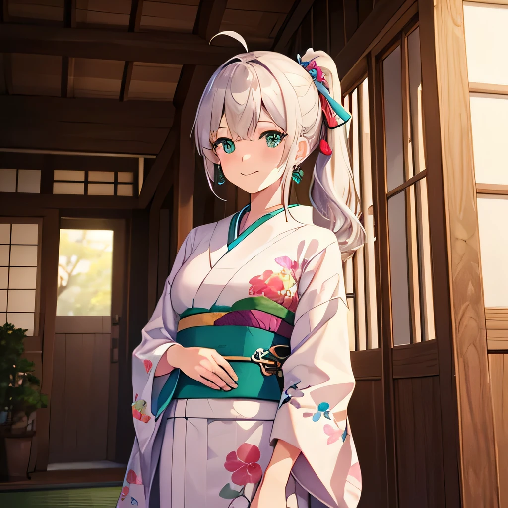 ultra-detailed, (highest quality, 8K, masterpiece, HDR, Ultra-detailed:1.2), porch of a Japanese house, [pink hair:silver hair:0.5], low ponytail, ahoge, Tied Hair, break, printed kimono, break, small breasts, arms behind head, Green Aqua Eyes, looking down, genial smile, break, Earrings, Cowboy Shot, alone
