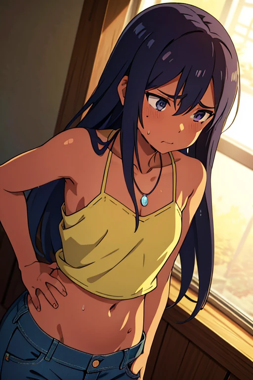 tan skinned anime woman wearing a cami top and jeans, famished in hunger, (necklace), (gently resting hands on stomach), (sweating), (long hair), (hands on stomach)