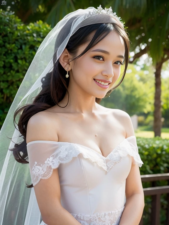 Young girl in wedding dress and updo, Off-shoulder neckline, and a long veil. her face is young and innocent, small breasts. She looks at the camera with a playful expression. Detailed artwork with vivid illustrations, Realistic colors, Capture every detail. The medium of digital painting, Guaranteed best quality and high resolution (4K or 8K). soft and romantic lighting, creating a dream-like atmosphere. The overall color is warm and gentle................, Highlight the joy and beauty of your wedding scene.frontage、full body Esbian、A smile