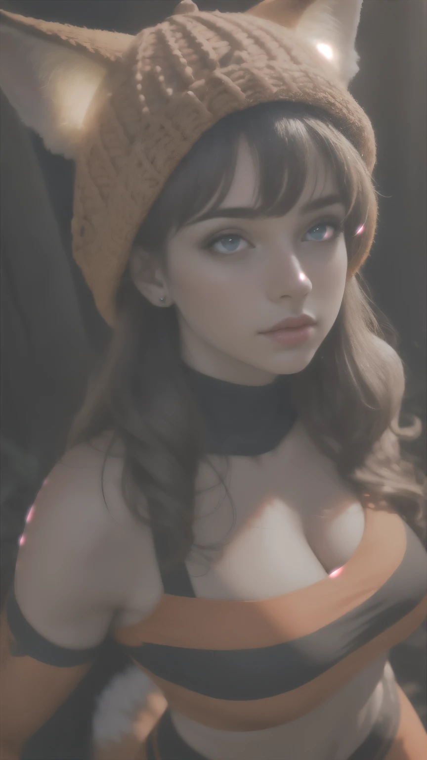 (vivid colors,best quality,highres,ultra-detailed,realistic),portrait,girl,orange glowing tight leggings,medium bust,fox ear hat. Lucia Cheps