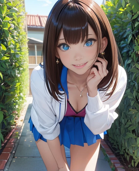 (masutepiece: 1.3), (max resolution: 1.2),, (Detailed eyes and skin), (detailed facial features), nffsw, Sharp Focus: 1.2, Perfect Style, Beautiful face, Perfect body,Highly detailed face and skin texture, Detailed eyes, Dark-blue eyes, Double eyelids, Thin eyebrows, Glitter Eyeliner: 1.2, Natural cheeks, Glossy skin, Fair skin: 1.2, shiny little necklace and earrings, (Glossy lips: 1.Very cute 25-year-old woman), Tennis Wear　White panties), (Seductive smile: 1.2), ((a Innocent and cute girl:1.3)), (long, straight haired, bangss), (ligh brown hair:1.2), medium large breasts,　FULL BODYSHOT　Shyness　tennis coat　Herren　cute little　The shirt　pleatedskirt　Leaning forward　sexy  pose