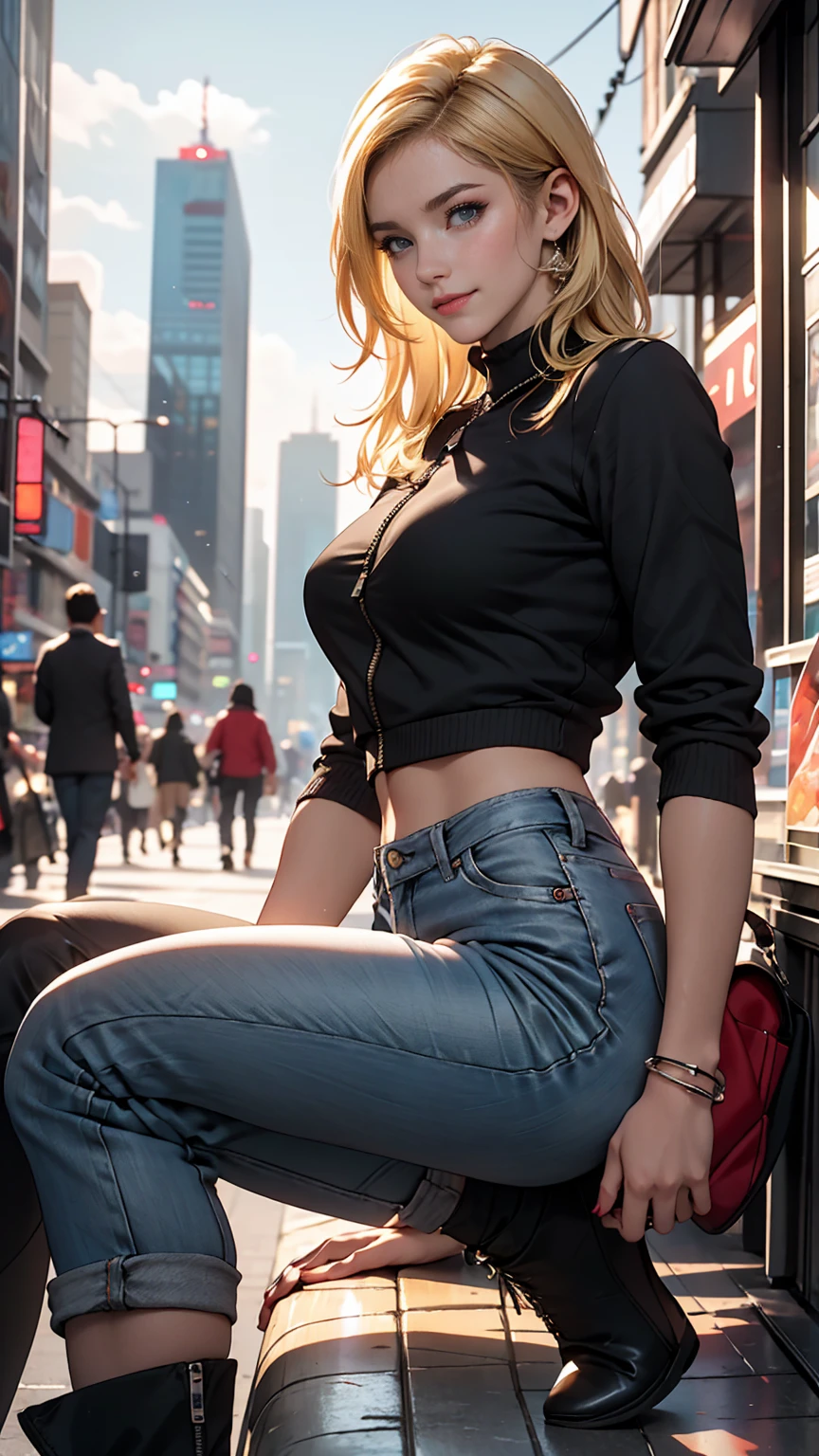 ((最high quality, 8K, masterpiece: 1.3, Ultra HD, high quality, 最high quality, High resolution, realism)) 、A 22-year-old extremely beautiful white woman、Slender figure、Hair color blonde、blue eyeedium Hair、Straight Hair、smile、Background blur((depth of field))、Aerial perspective((atmospheric perspective))、I want my head to stay off screen、Put an anklet on your ankle、Wearing red nail polish、I have a peticure、No sleeve、Wear high-neck zipper-up tops、Wear low rise hot pants、Wear short boots、Walking through the hustle and bustle of the city、Skyscraper background、Sit on the curb and rest your chin on your hands、Slender body