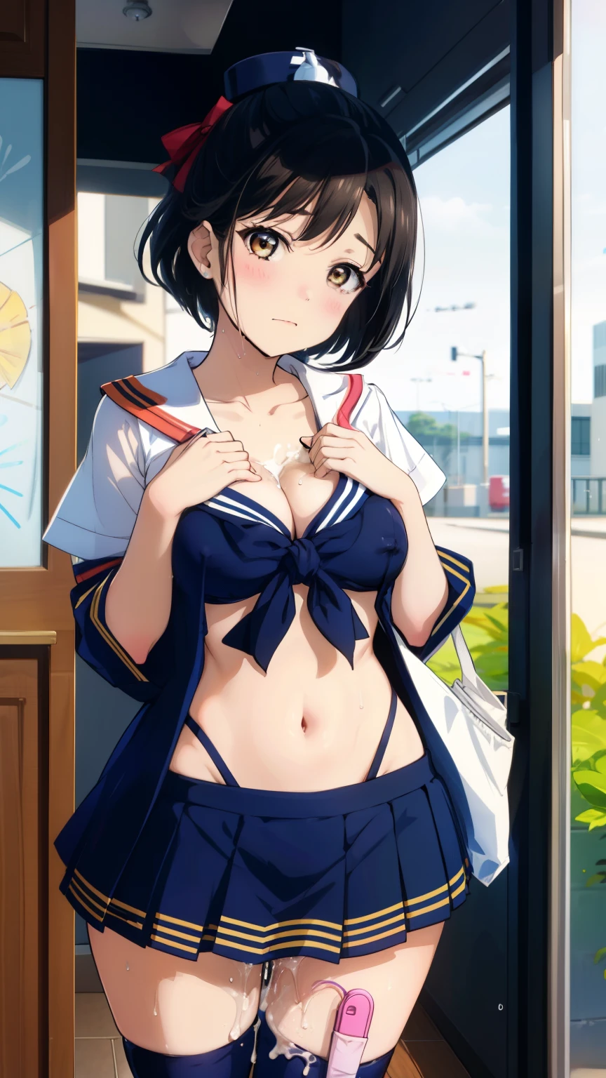 2 girls, by 2 person, Girl's brown eyes, black hair,Straight Short Hair, Inward roll、(Navy blue sailor suit:1.4),indoors, Cafe、very big breasts、publish one'chest of、Naked things'chest of、blush、embarrassing、scary face、I'm worried、confused face、a large amount of breast milk comes out of the nipples,、Breast milk gushes from the nipple、very short skirt、micro mini skirt、female shape'Private parts are clearly visible、vibrator in thighhighs、The crotch is wet with love juice、Full body portrait