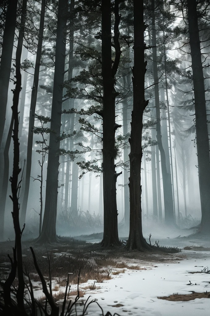(best quality,4k,8k,highres,masterpiece:1.2),ultra-detailed,(realistic,photorealistic,photo-realistic:1.37),dark,ominous,inside a forest,haunting trees,creepy atmospheric lighting,sinister vibe,dead animals,mysterious shadows,misty atmosphere,darkened foliage,morbid aura,spectral figures lurking,bloodcurdling silence,spine-chilling scene,mournful whispers,unearthly stillness,dread-filled atmosphere,decaying branches,twisted tree trunks,dappled moonlight through the canopy,menacing creatures in the shadows,skeletal remains of animals,gothic undertones,foreboding sense of danger,solemn and eerie ambiance,unexplained noises,stark contrast between light and darkness,nightmarish landscape,ominous shroud of mist,dense undergrowth,whispers of the deceased,forbidding solitude