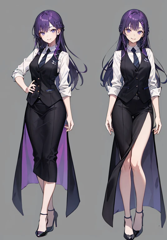 ((Perfect Face)),Purple Hair,voluminous long hair,1 female,bartender,suit,Black vest,Shirt with rolled up sleeves,tie,slit,High heels,,((Simple Background)),smile,((whole body)),((whole body)),Portraiture,virtual,upright,,Both arms are down,Standing upright with face and body facing forward,