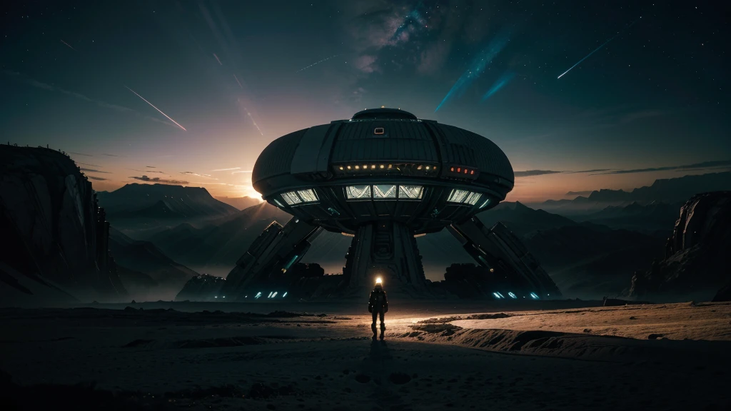 A futuristic and sci-fi scene of an alien standing at the edge of their spacecraft, gazing upon Earth with wide, curious eyes. The spacecraft is a mesmerizing blend of cogs, gears, and neon lights, reflecting the alien's intrigued and thoughtful expression. The Earth below is bathed in the warm, golden light of the sunset, casting long, dramatic shadows on the landscape. The alien's resulting silhouette is a captivating contrast against the vibrant, ever-changing hues of the planet. The chaotic motion of the cosmos swirls around them, creating a breathtaking backdrop for this surreal moment. Wide-angle perspective, enhanced details, and a vibrant color palette bring this extraordinary encounter to life.