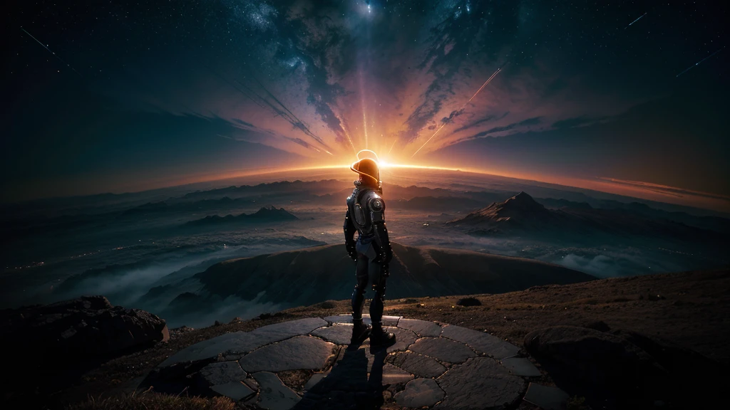 A futuristic and sci-fi scene of an alien standing at the edge of their spacecraft, gazing upon Earth with wide, curious eyes. The spacecraft is a mesmerizing blend of cogs, gears, and neon lights, reflecting the alien's intrigued and thoughtful expression. The Earth below is bathed in the warm, golden light of the sunset, casting long, dramatic shadows on the landscape. The alien's resulting silhouette is a captivating contrast against the vibrant, ever-changing hues of the planet. The chaotic motion of the cosmos swirls around them, creating a breathtaking backdrop for this surreal moment. Wide-angle perspective, enhanced details, and a vibrant color palette bring this extraordinary encounter to life.