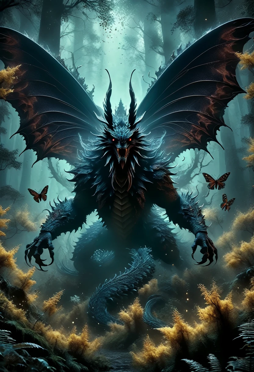 best quality,4k,8k,highres,masterpiece:1.2,ultra-detailed,realistic:1.37, menacing creature,monstrous, kaijulike, Kaiju-like,flying,moth-like,exquisite,poisonous,haunting,breathtaking design,intricate patterns,mysterious atmosphere,shadowy brilliance,dimly lit, intense focus on details,gloomy and enigmatic, vivid colors,vibrant hues,subtle shading,stark contrast, soft and diffused lighting,casting eerie shadows, enchanted forest,mystical glow, imposing and menacing presence,nightmarish encounter,ominous aura,mystifying allure, menacing gaze,venomous secretion, sinister vibration,spreading unease,inducing awe, magnificent creature,dark enchantment, gothic
