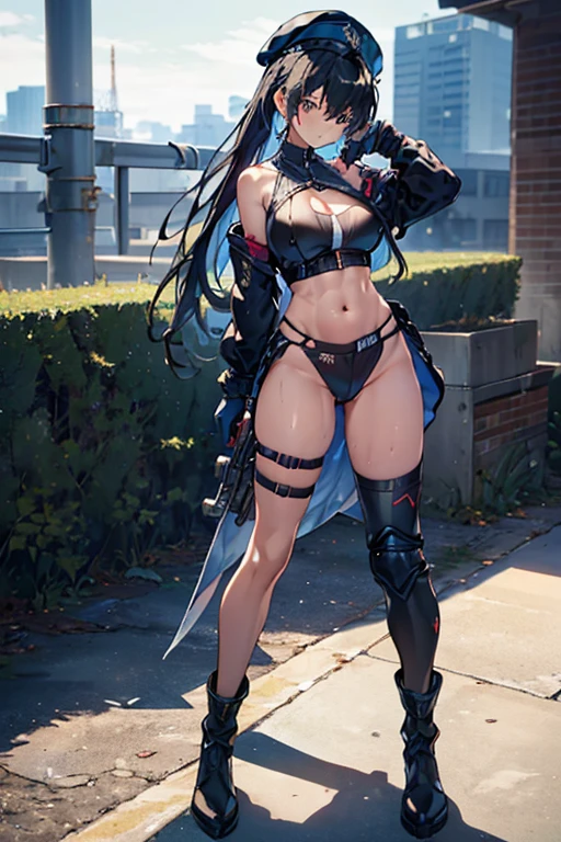 thynasha, 18yo girl Dark blue hair,long hair,ponytail,hair between eyes,bangs,outdoors,cityscape,standing,armor best,assault rifle,camouflage,holding weapon,load bearing vest,saide backpack,full body,best quality,masterpiece,highres,official art,extremely detailed cg unity 8k wallpaper(black beret, black jacket, open clothes, cleavage, midriff, black medium skirts, black thighhighs, thigh strap, fingerless gloves, single glove:1.2), Photo,sharpness, F1.6 lens,hyper-realistic textures,spectacular light textures, Cinestil 800 Fashion Mechanics,(((Beautiful woman with left leg restrained , hand hung by chains))),Appearance,Beautiful girl with accentuated slender abs: 1.1,six-pack abs: 1.1, Bust Botox,Standing on tiptoe, long legs,Long brown hair fluttering in the wind,Brown hair, Long hair, Female Warrior Costume,(No panties,No bra),(tacticul battle fashion,elbow and knee tacticul battle fashion, battle glove: 1.1),((cute batre costume)),The belly comes out and the navel is visible,Thin sheer costume, combat gloves,shredded costumes,cyber long combat boots with golden knee pads,Anatomical,(futuristic sci-fi battle fashion, new elbow and knee cyberpads, new cyberlong boots, new cybergloves: 1.1),(tied perfectly by iron chain), Restraint, Slave, collars, contempt, (Chained), 4 chains hung from heaven, Metallic shackles and fetters, wet crotch clearly visible,((Hands are restrained above the head)), the neck is chained,Chain from left knee to heaven,Chained by rusty iron chains,((the tip is protruding, areolas protruding,The shape of the pubic harearea is clearly visible:1.2)),Sweating,Wet,Wet crotch,Wet thighs,Junkyard, Realistic, (cute, perfect clothes, skimpy clothes, cute: 1.3) ,Vast miritary base in us,((wide mirtary hospital with summer sunlight)), peeling ceilings, Rebar between, Realistic material details, Extreme details, Ultra-realistic materials,narrow waist,(Sexy belly,Constricted hips, beautiful medium ass:1.5),(with sparkling eyes and a contagious smile:0.9)
