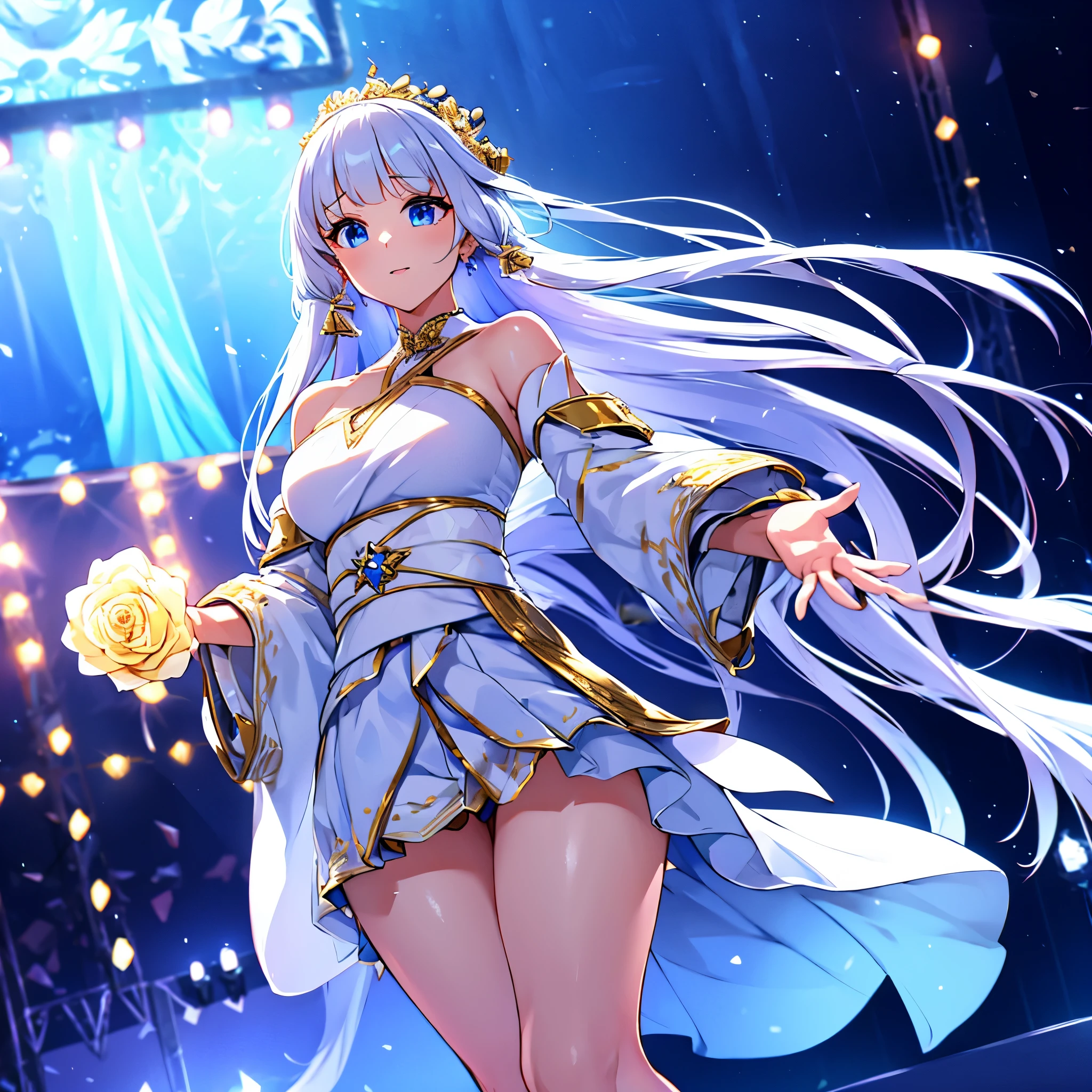 a woman wearing a white dress with blue details, Japanese idol dress, short skirt, gold details on the dress, long white hair, golden rose in her hair, on an idol music stage, blue and white lights, lighting, faint blue eyes,HDR, ultra resolution, well defined, masterpiece, 8K HD (woman solo )
