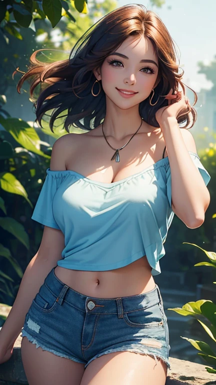 (Best quality,ultra detailed,photorealistic:1.37),bright and rich colors,studio lighting,playful and smiling expression of a beautiful face,stylish makeup, short denim shorts,hair fluttering in the wind,alluring smiling eyes, (((short T-shirt with a deep neckline))), glossy lips,sexy free pose, I smile confidently and seductively,posing for a professional photo shoot,shallow depth of field,highlighting the main subject,soft natural lighting,Creating a dreamy and magical atmosphere.