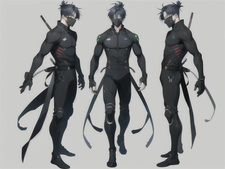 (Ridiculous, High resolution, Very detailed),  (1 male), Cyber Ninja、Full body view、three views