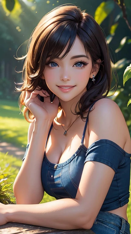 (Best quality,ultra detailed,photorealistic:1.37),bright and rich colors,studio lighting,playful and smiling expression of a beautiful face,stylish makeup, short denim shorts,hair fluttering in the wind,alluring smiling eyes, (((short T-shirt with a deep neckline))), glossy lips,sexy free pose, I smile confidently and seductively,posing for a professional photo shoot,shallow depth of field,highlighting the main subject,soft natural lighting,Creating a dreamy and magical atmosphere.