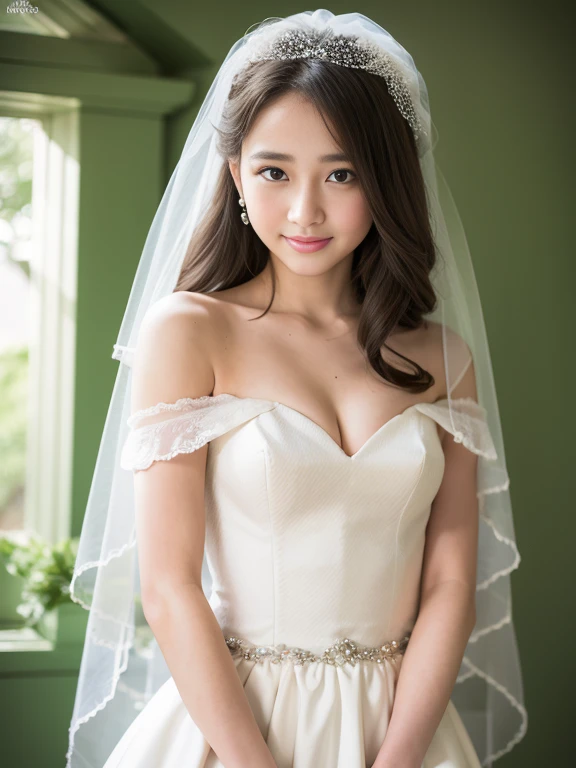 Young girl in wedding dress and updo, Off-shoulder neckline, and a long veil. her face is young and innocent, small breasts. She looks at the camera with a playful expression. Detailed artwork with vivid illustrations, Realistic colors, Capture every detail. The medium of digital painting, Guaranteed best quality and high resolution (4K or 8K). soft and romantic lighting, creating a dream-like atmosphere. The overall color is warm and gentle................, Highlight the joy and beauty of your wedding scene.frontage、full body Esbian、A smile