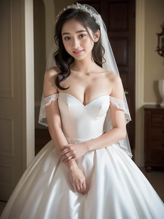 Young girl in wedding dress and updo, Off-shoulder neckline, and a long veil. her face is young and innocent, small breasts. She looks at the camera with a playful expression. Detailed artwork with vivid illustrations, Realistic colors, Capture every detail. The medium of digital painting, Guaranteed best quality and high resolution (4K or 8K). soft and romantic lighting, creating a dream-like atmosphere. The overall color is warm and gentle................, Highlight the joy and beauty of your wedding scene.frontage、full body Esbian、A smile
