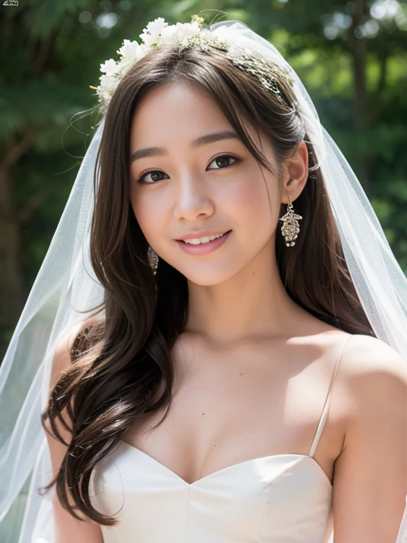 Young girl in wedding dress and updo, Off-shoulder neckline, and a long veil. her face is young and innocent, small breasts. She looks at the camera with a playful expression. Detailed artwork with vivid illustrations, Realistic colors, Capture every detail. The medium of digital painting, Guaranteed best quality and high resolution (4K or 8K). soft and romantic lighting, creating a dream-like atmosphere. The overall color is warm and gentle................, Highlight the joy and beauty of your wedding scene.frontage、full body Esbian、A smile