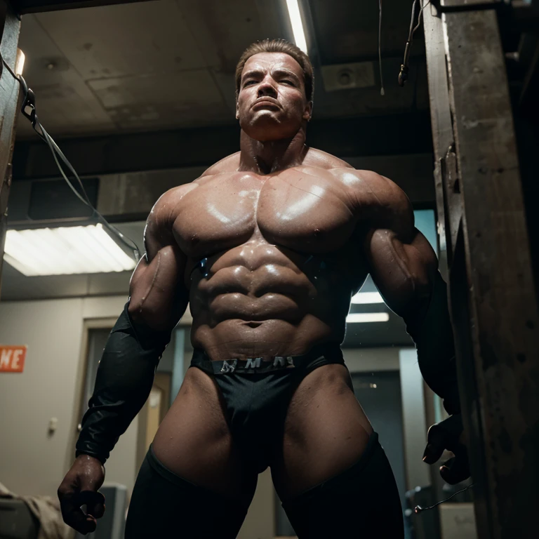 Arnold Schwarzenegger as the terminator, naked, buff, arms bound by robot wires tightly to back while kneeling and looking at camera, robot wires bound tight around body, frown 1.1, background: alleyway, time: night, not wearing clothes, Penis visible, eyes open 1.7, left eye pupil glowing red, big bulge visible through pants, naked, sweating, eyes open, penis tightly bound by robotic wires, glitching, updating, wire connected to bulge