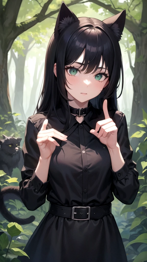 1 girl, black hair, black cat ears, green eyes, black cat tail, long black dress, black pet collar, face in love, In a forest, masterpiece, fingers separated, detailed hands