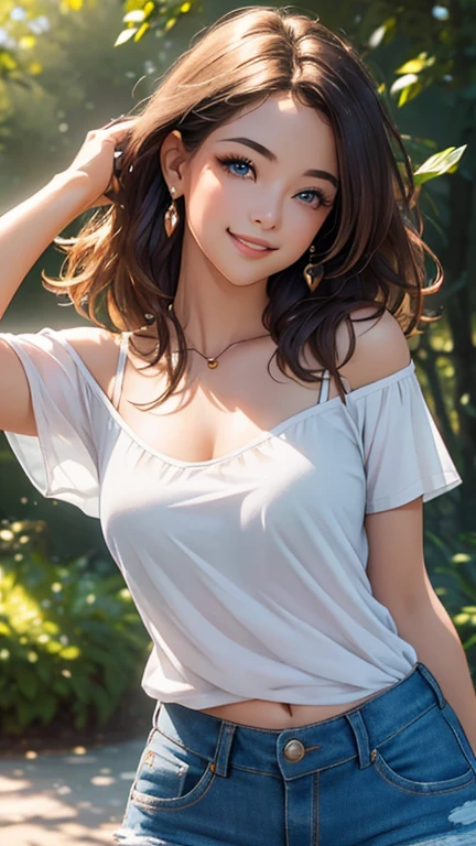 (Best quality,ultra detailed,photorealistic:1.37),bright and rich colors,studio lighting,playful and smiling expression of a beautiful face,stylish makeup, short denim shorts,hair fluttering in the wind,alluring smiling eyes, (((short T-shirt with a deep neckline))), glossy lips,sexy free pose, I smile confidently and seductively,posing for a professional photo shoot,shallow depth of field,highlighting the main subject,soft natural lighting,Creating a dreamy and magical atmosphere.
