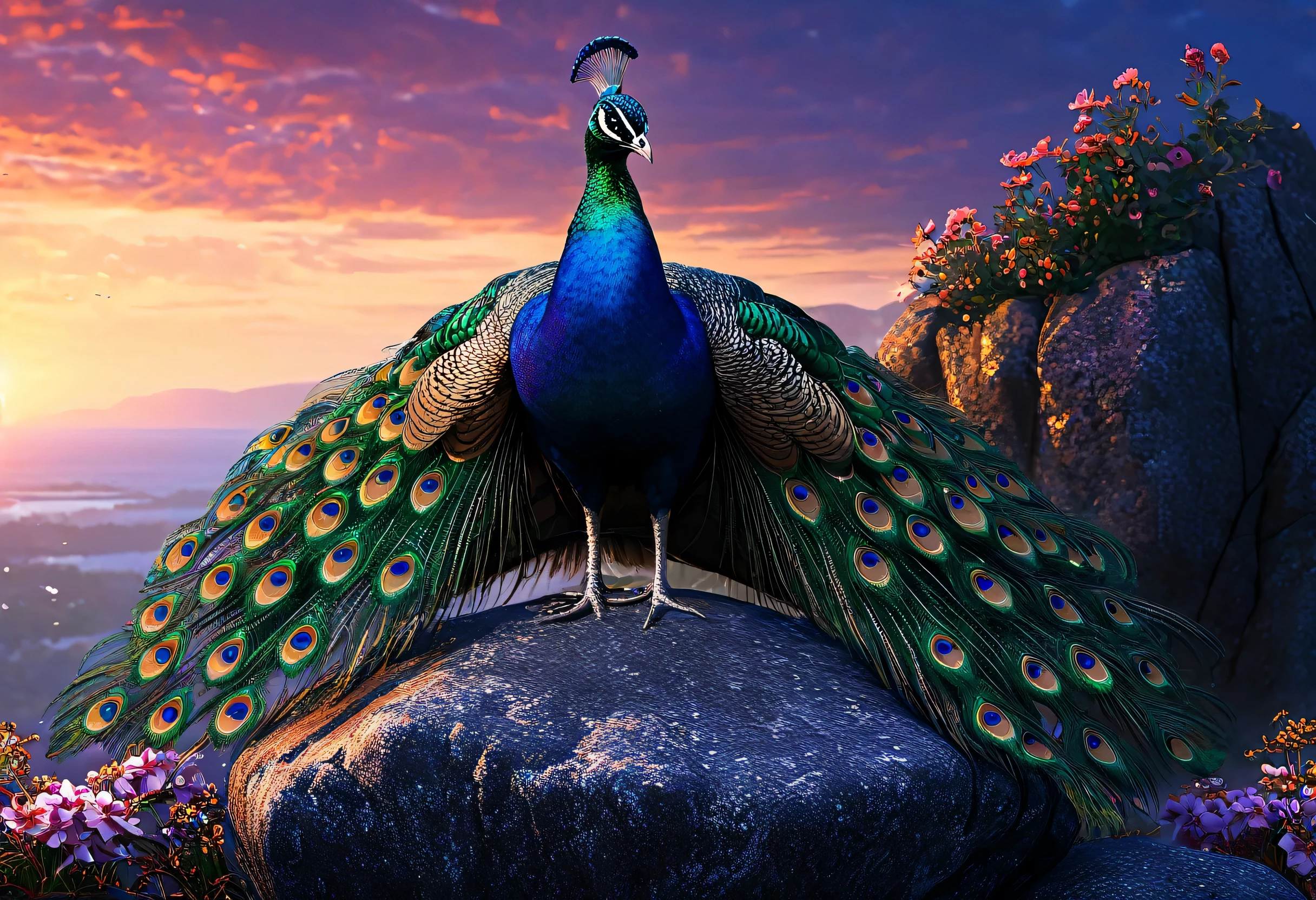 A peacock standing on a rock with flowers on a dim sunrise background, Digital art by Alexander Kucharski, cgsociety contest winner, Fantasy art, Beautiful digital art, 4k Highly detailed digital art, 8k high quality detailed art, Highly detailed digital art, Highly detailed digital artwork, Beautiful art UHD 4K, Highly detailed digital painting, 8K Highly Detailed Art