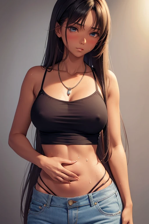 tan skinned anime woman wearing a cami top and jeans, famished in hunger, (necklace), (gently resting hands on stomach), (sweating), (long hair), (hands on stomach)