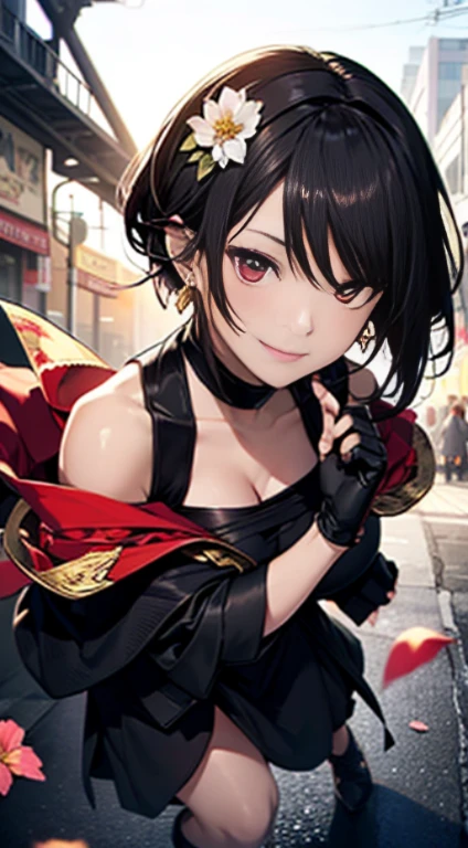 yor briar, anime style beutiful woman, 1girl,fullbody, happy, smile, red face, closed mouth, beautiful detailed eyes, super detailed skin, backlighting, bare shoulders, black background, black dress, black gloves, black hair, breasts, dress, earrings, fingerless gloves, floating hair, floral print, flower, gloves, gold earrings, gold hairband, hair flower, hair ornament, hairband, holding, holding weapon, jewelry, large breasts, long hair, looking at viewer, off-shoulder dress, off shoulder,red eyes, short hair with long locks, sidelocks, solo, spikes, thighs, two-sided dress, two-sided fabric, weapon, fighting stance , face, close up, from above, highest quality, high resolution.