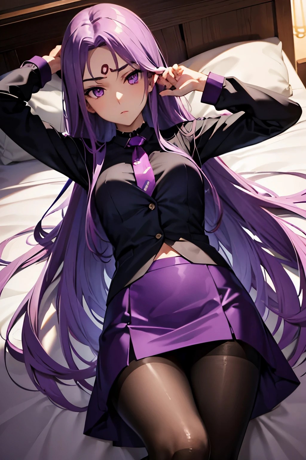 Medusa、fate、Purple Hair、Long Hair、((pantyhose))、Photo from below、Medium chest、Bedroom、mini skirt、Pencil Skirt、blouse、In a suit、Leg spread