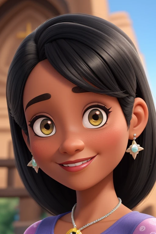 Uma mulher negra de 40 anos, com cabelos castanhos, Rosto fino, com sorriso encantador, segurando um microfone, na igreja, e olhos castanhos, estilo Disney pixar, com cores brilhantes