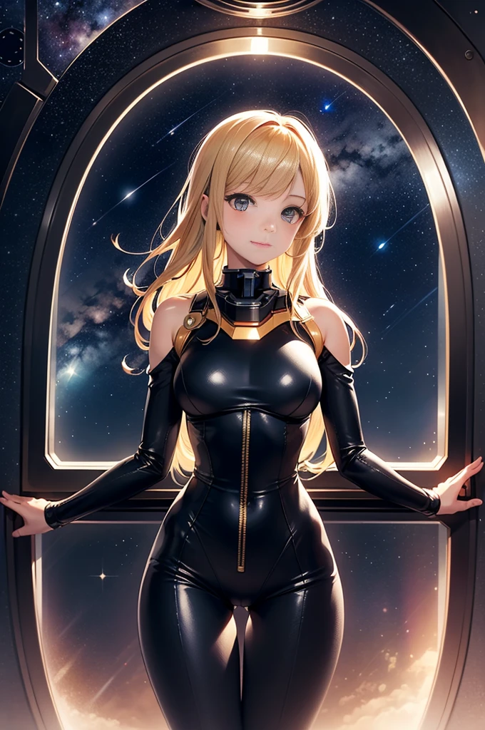 (masterpiece, best quality:1.2), (cowboy shot:1.1), solo, 1girl, mori yuki, slight smile, closed mouth, side view, looking at viewer, blonde hair, long hair, thigh gap, yellow bodysuit, skin-tight, perfect body, large window, (starship porthole:1.3), (spread legs:1.3), (standing:1.1), thigh gap, sensual pose, sideview, perfect hands, bright starship interior, (outer space view:1.1), (orbital view:1.3), (night, stary sky:1.5), milky way