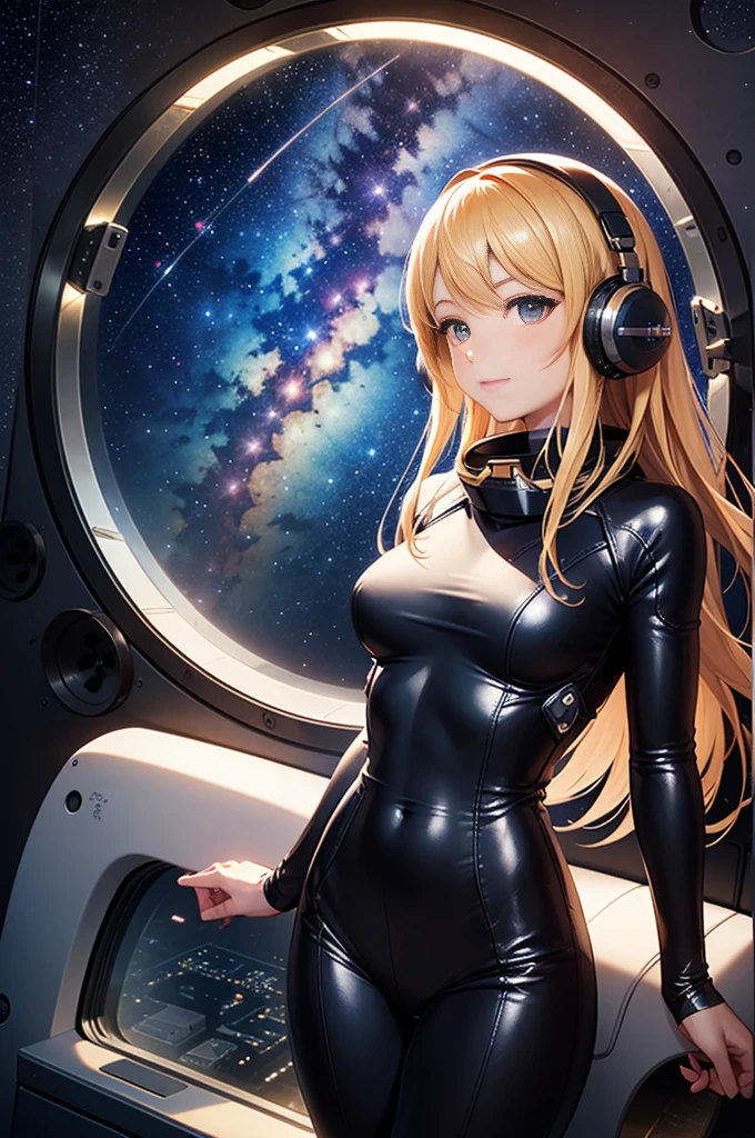 (masterpiece, best quality:1.2), (cowboy shot:1.1), solo, 1girl, mori yuki, slight smile, closed mouth, side view, looking at viewer, blonde hair, long hair, thigh gap, yellow bodysuit, skin-tight, perfect body, large window, (starship porthole:1.3), (spread legs:1.3), (standing:1.1), thigh gap, sensual pose, sideview, perfect hands, bright starship interior, (outer space view:1.1), (orbital view:1.3), (night, stary sky:1.5), milky way