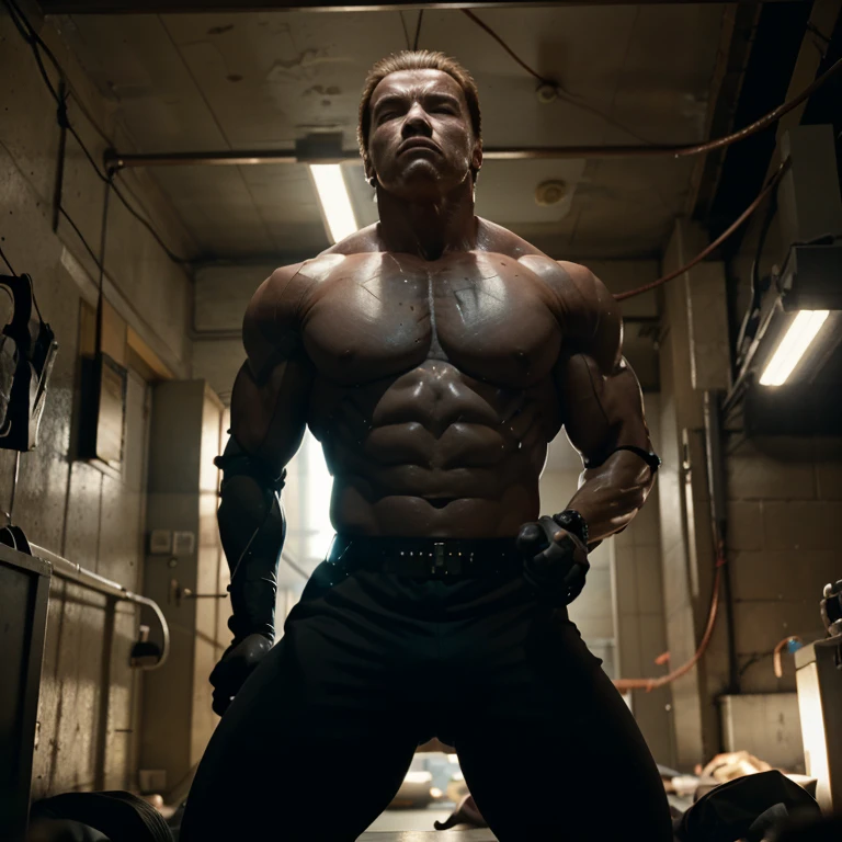 Arnold Schwarzenegger as the terminator, naked, buff, arms bound by robot wires tightly to back while kneeling and looking at camera, robot wires bound tight around body, frown 1.1, background: alleyway, time: night, not wearing clothes, Penis visible, eyes open 1.7, left eye pupil glowing red, big bulge visible through pants, naked, sweating, eyes open, penis tightly bound by robotic wires, glitching, updating, wire connected to bulge