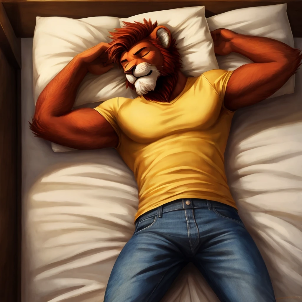 simba, a furry lion, furry, shirtless, muscular, male, masculine, red hair, yellowish fur, brown eyes, hands up behind head, red hairy armpits, cartoony, illustration, sharp focus, smooth colors, medium length hair, two blogs haircut, young guy, topless, big pecs, alone, single, smooth lining, youth, white boxers, underwear, bandages, injured, lying, hospital room, bed, frown, sad