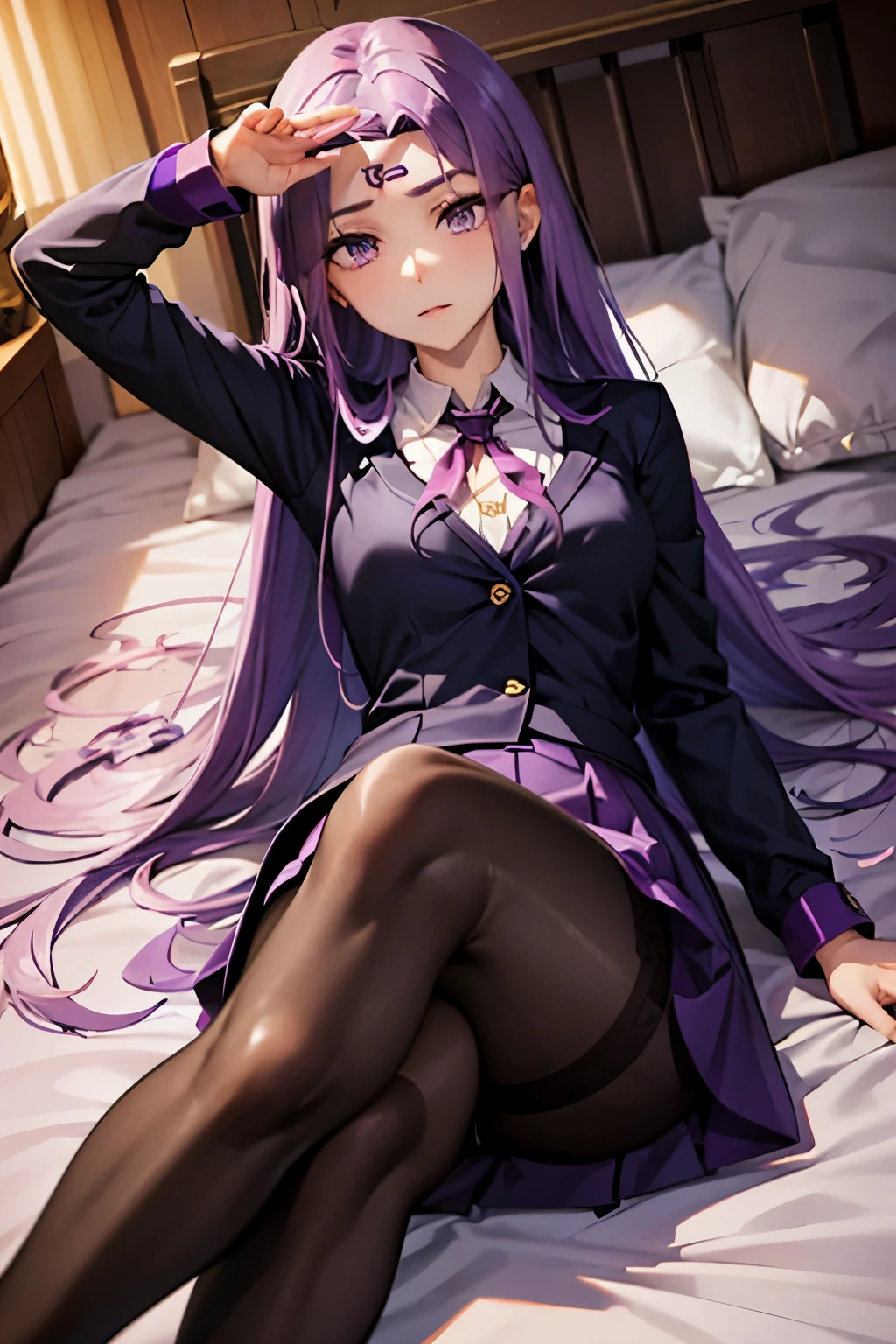 Medusa、fate、Purple Hair、Long Hair、((pantyhose))、Photo from below、Medium chest、Bedroom、mini skirt、Pencil Skirt、blouse、In a suit、Leg spread