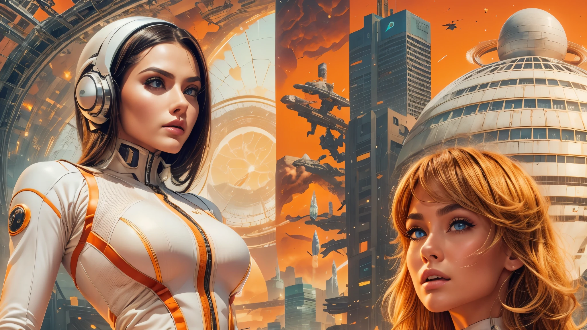 arafed image of a white woman in a futuristic suit with a spaceship in the background, movie art, in front of an orange background, inspired by Robert McGinnis, female protagonist, megastructure in the background, portrait of an ai astronaut, astronauts, an astronaut, portrait of a astronaut skeletor, perfect android girl, detailed eyes, perfectly detailed teeth, frank franzzeta and sakimichan  