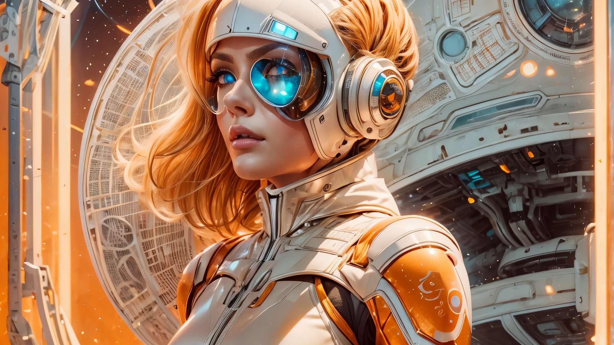 arafed image of a white woman in a futuristic suit with a spaceship in the background, movie art, in front of an orange background, inspired by Robert McGinnis, female protagonist, megastructure in the background, portrait of an ai astronaut, astronauts, an astronaut, portrait of a astronaut skeletor, perfect android girl, detailed eyes, perfectly detailed teeth, frank franzzeta and sakimichan  