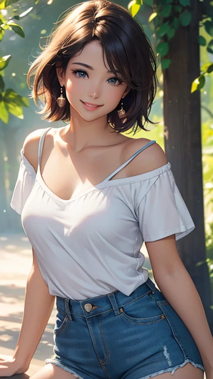 (Best quality,ultra detailed,photorealistic:1.37),bright and rich colors,studio lighting,playful and smiling expression of a beautiful face,stylish makeup, short denim shorts,hair fluttering in the wind,alluring smiling eyes, (((short T-shirt with a deep neckline))), glossy lips,sexy free pose, I smile confidently and seductively,posing for a professional photo shoot,shallow depth of field,highlighting the main subject,soft natural lighting,Creating a dreamy and magical atmosphere.