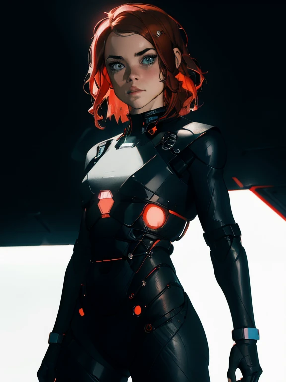 (master part), (best quality), (ultra detailed), (1girl), Jesse Faden, Standing, (simple background), beautiful detailed eyes, delicate and pretty face, red hair, extradimensional suit, upper body, science fiction, cyberpunk, Perfect Anatomy, Looking at Viewer, epic artistic, sharp focus, even lighting, insane details, hyperdetailed, rich colors, posing for photo, full body photo